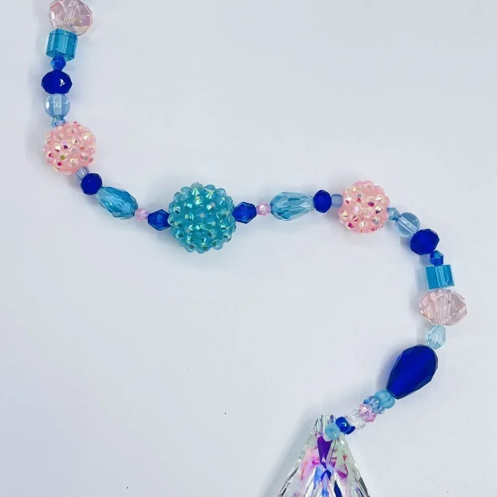 Beaded Suncatcher - Blue Pink - Clear Crystal Prism - Hanging Decor Yard Art